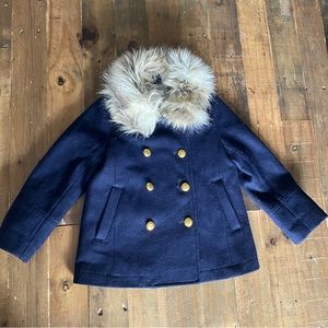 Like New J Crew Kids Navy Wool Pea Coat with Fur Collar & Brass Buttons Sz 4-5